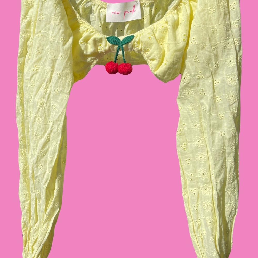 2 piece Yellow Eyelet Crop Top with Cherry